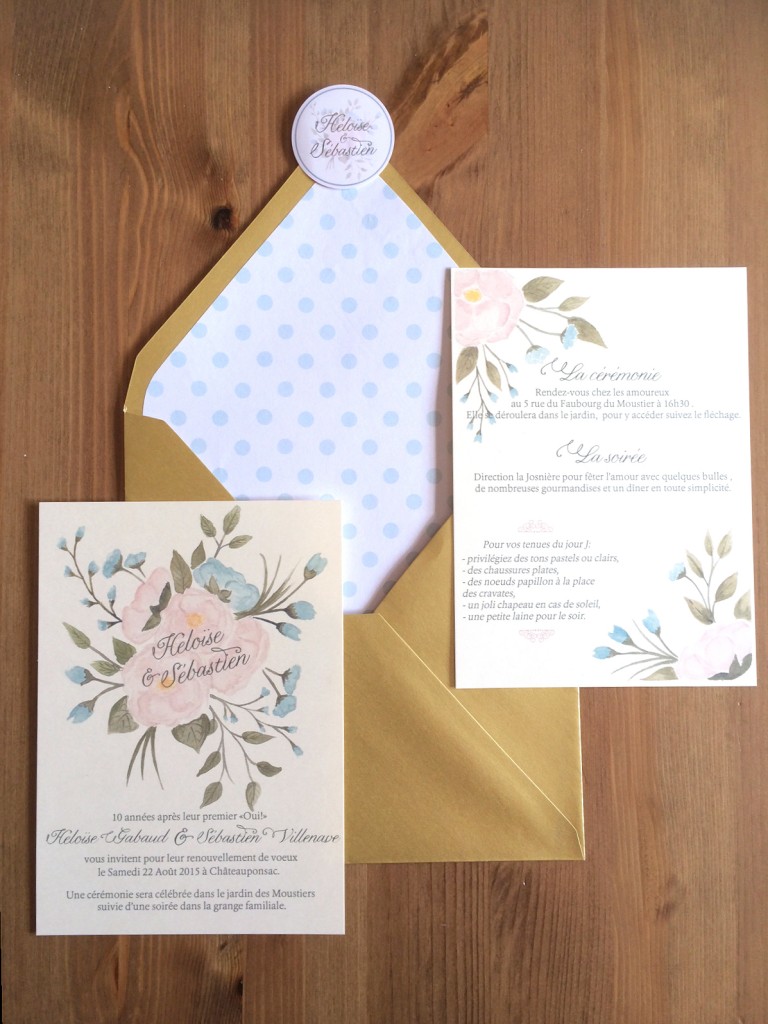 détails enveloppe faire part invitation mariage rustique vintage champêtre aquarelle fleurs