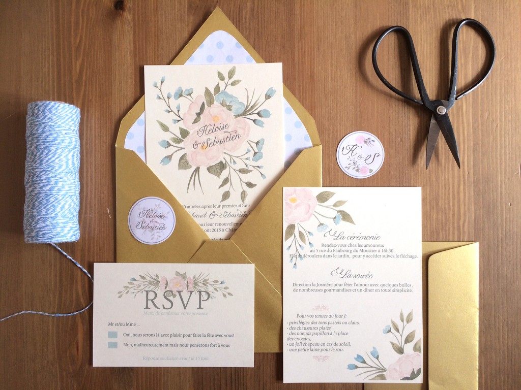 ensemble papeterie invitation mariage rustique champêtre avec fleurs aquarelle