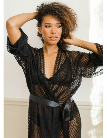 "Nigelle" Déshabillé mi-long en dentelle noire