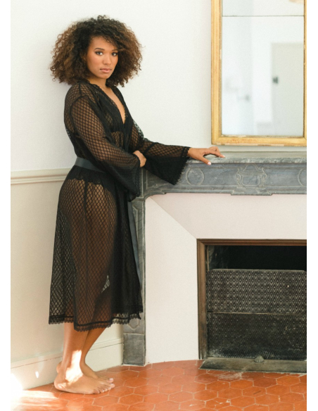 "Nigelle" Déshabillé mi-long en dentelle noire