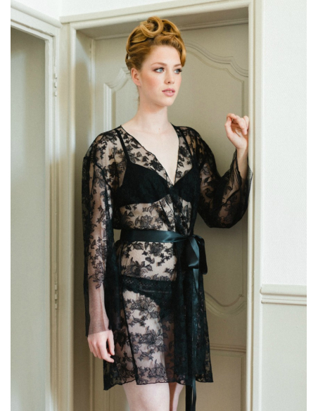 "Véronique" Déshabillé court en dentelle noire fleurie