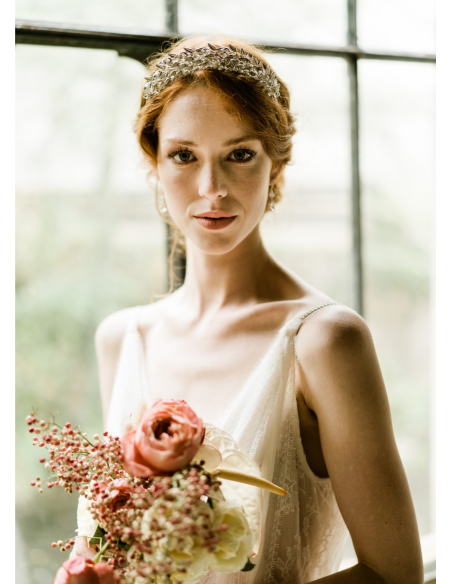 Couronne  diadème mariage "Iseult" avec feuillages et cristaux Swarovski