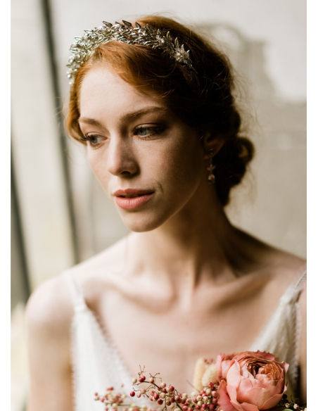 Couronne  diadème mariage "Iseult" avec feuillages et cristaux Swarovski