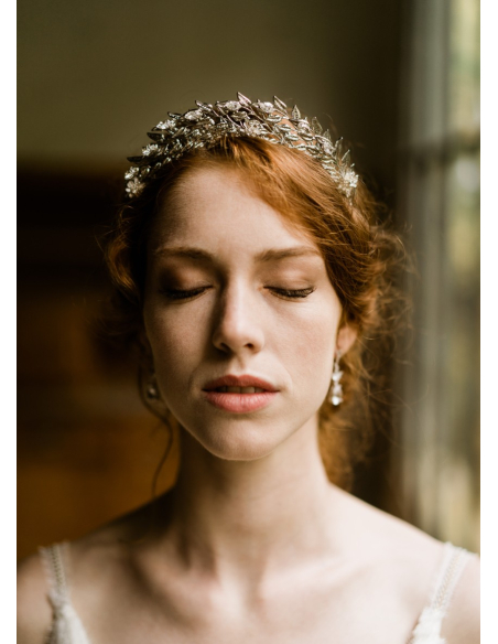 Couronne  diadème mariage "Iseult" avec feuillages et cristaux Swarovski