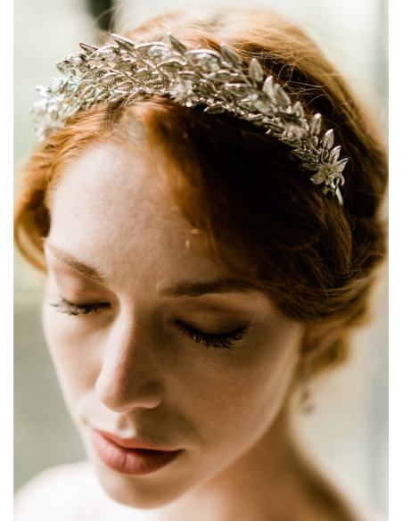 Couronne  diadème mariage "Iseult" avec feuillages et cristaux Swarovski