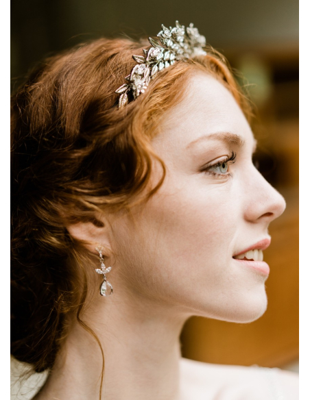 Couronne  diadème mariage "Iseult" avec feuillages et cristaux Swarovski