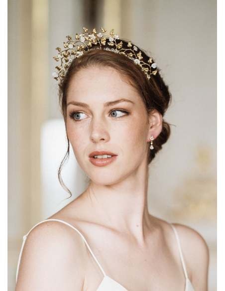 Couronne diadème mariage "Diana" avec feuillages et cristaux Swarovski