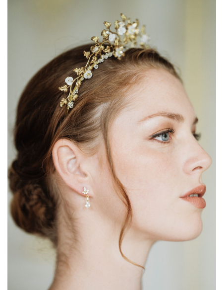 Couronne diadème mariage "Diana" avec feuillages et cristaux Swarovski