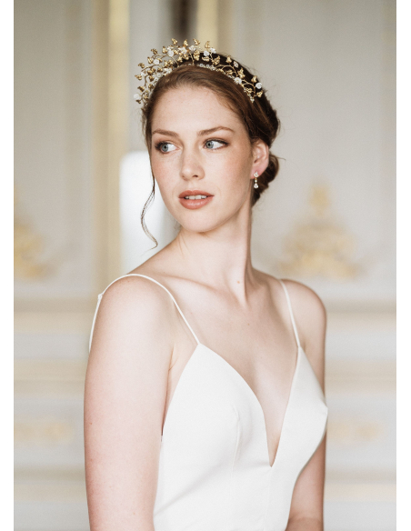 Couronne diadème mariage "Diana" avec feuillages et cristaux Swarovski
