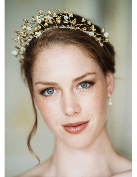 Couronne diadème mariage "Diana" avec feuillages et cristaux Swarovski