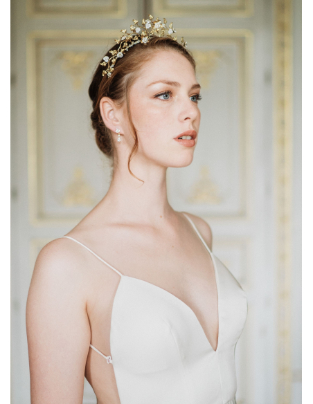 Couronne diadème mariage "Diana" avec feuillages et cristaux Swarovski