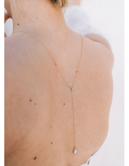 "Assia" Collier de mariée discret avec pendentif et dos en cristal