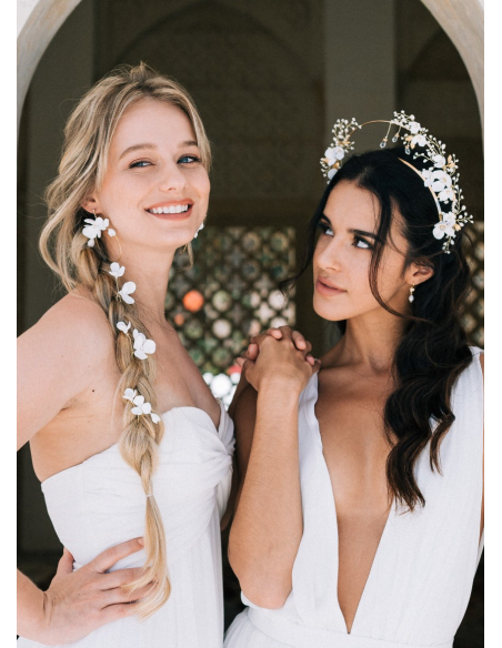 Trio de pics à chignon "Ella" avec fleurs porcelaine et cristaux