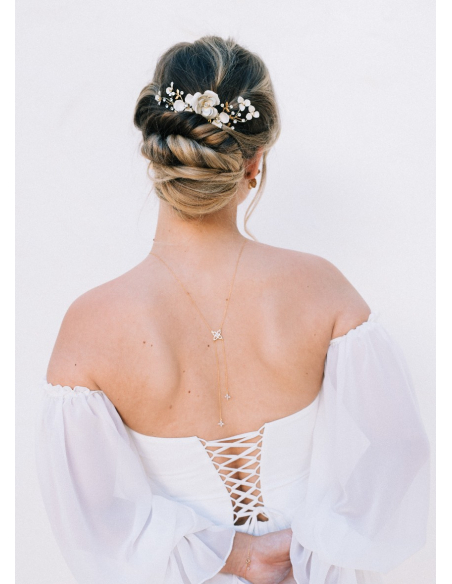 Peigne de mariée "Soline" avec fleurs, feuillages et strass