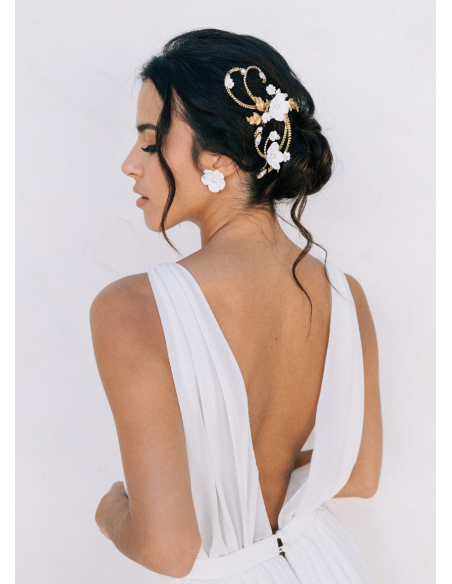 Ornement de cheveux mariée "Sidonie" avec fleurs, arabesques et cristaux