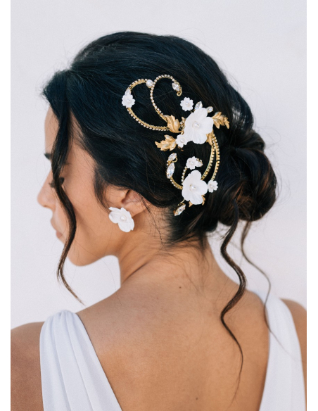 Ornement de cheveux mariée "Sidonie" avec fleurs, arabesques et cristaux