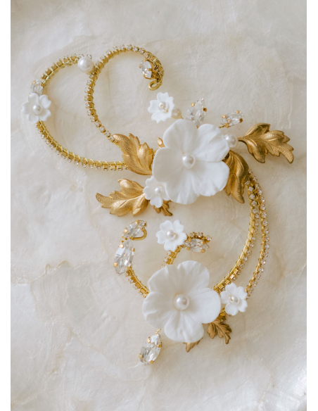 Ornement de cheveux mariée "Sidonie" avec fleurs, arabesques et cristaux