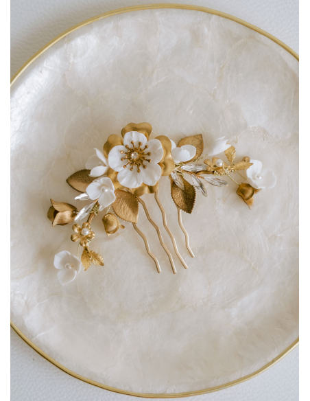 Peigne de mariée "Mia" avec fleurs, feuillages et strass