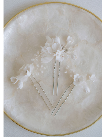 Trio de pics à chignon "Chiara" avec fleurs de soie et porcelaine