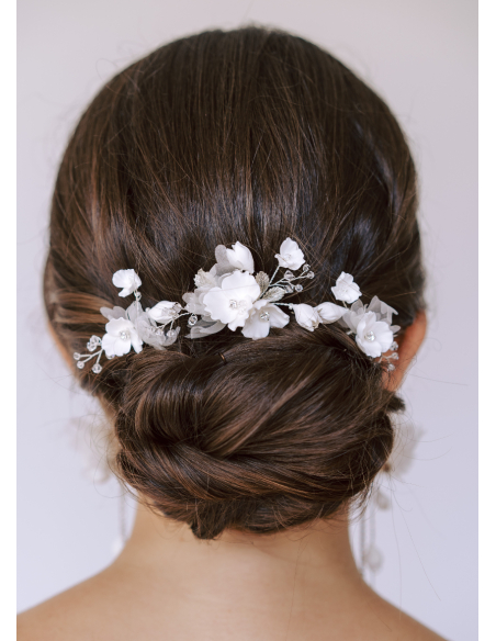 Trio de pics à chignon "Chiara" avec fleurs de soie et porcelaine