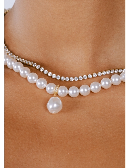 "Gina" Collier de perles nacrées avec pendentif et chaine cristal