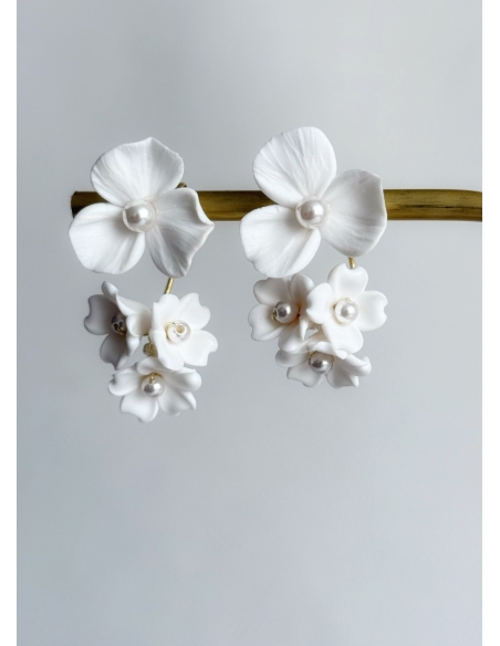 Boucles d'oreilles "Flora" 2 en 1 avec fleurs aspect porcelaine