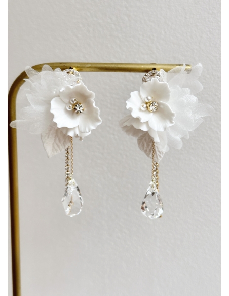 Boucles d'oreilles mariée "Florella" avec fleurs et cristaux