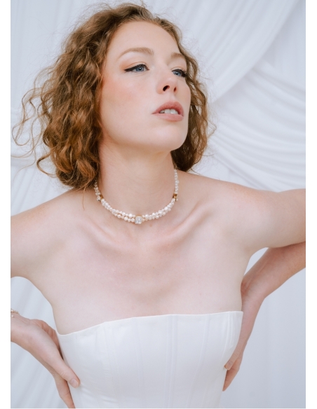 "Isaure" Collier choker pour mariée en perles d'eau douce et cristaux