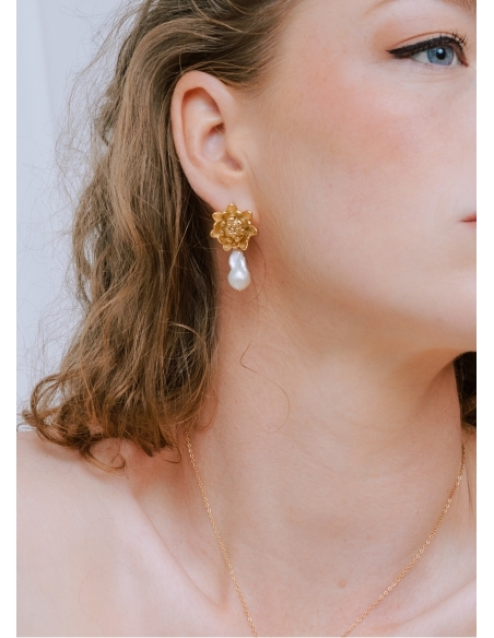 Boucles d'oreilles mariage "Leopoldine" bohème avec perles d'eau douce