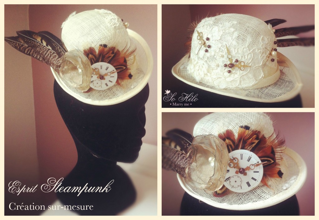 Chapeau melon mariée style Steampunk avec horloge et plumes de faisan