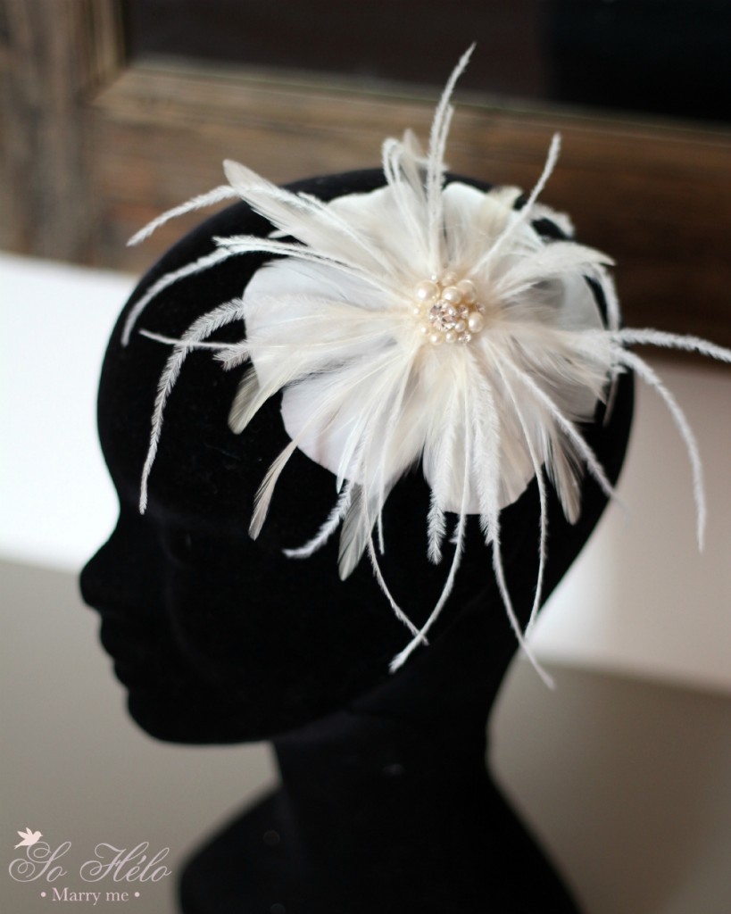 bibi fascinator mariage elise avec plumes et perles