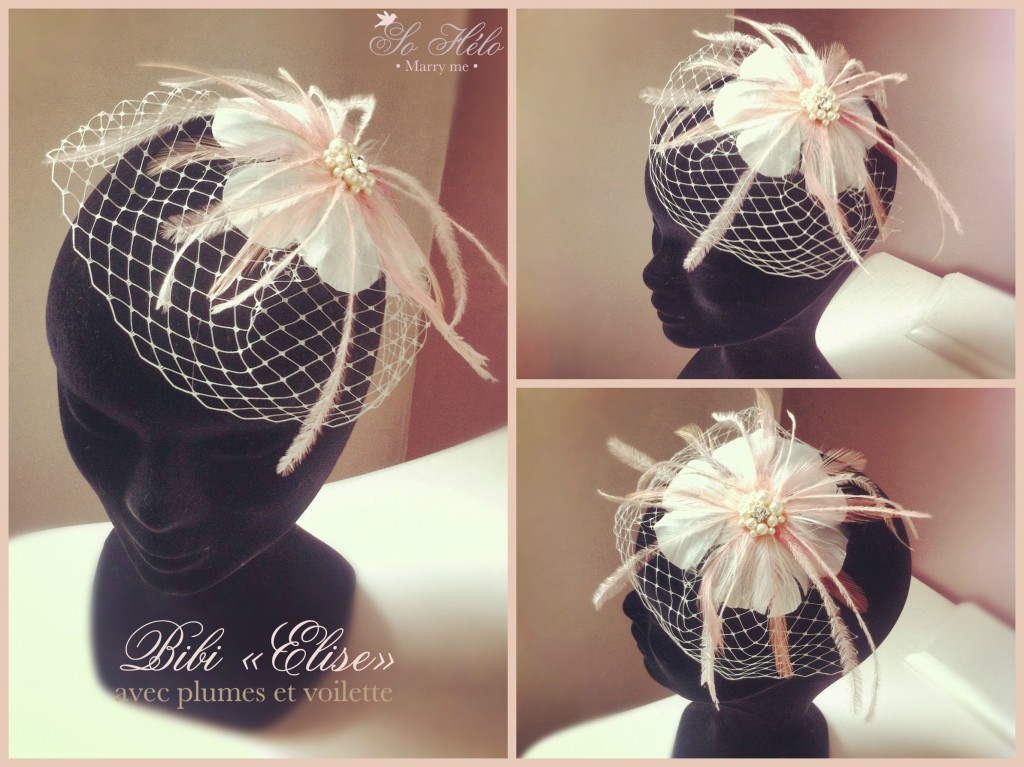 bibi fascinator mariée elise avec plumes et voilette