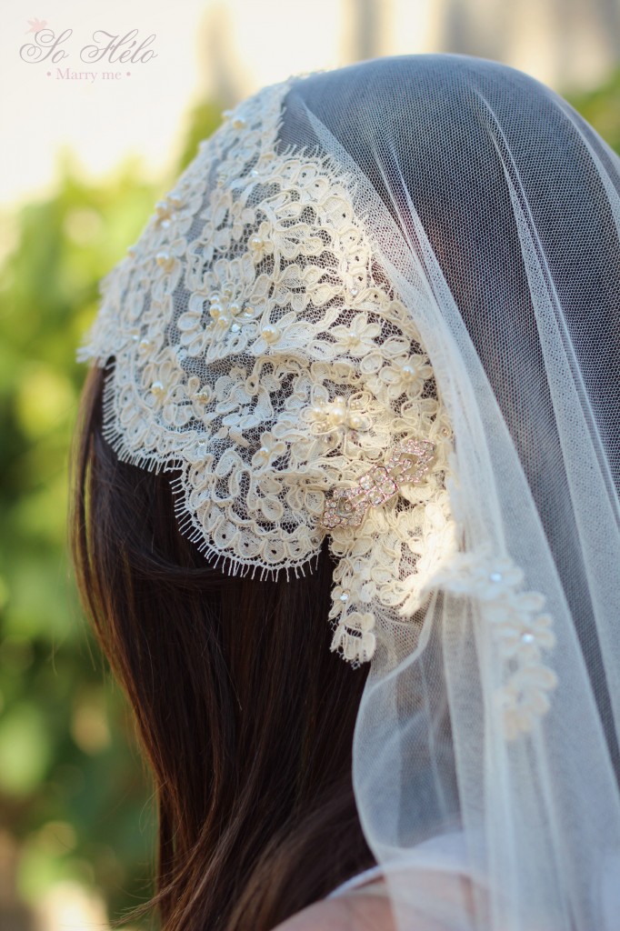 détails voile mariée rétro bandeau avec dentelle de calais